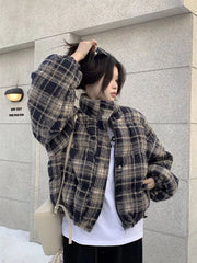 Hnewly  Winter Vintage Warm Plaid Parkas Women Thick Loose Long Sleeve Cute Cotton Coat Casual American Retro Stand Collar Y2K Tops