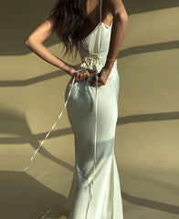 Hnewly Elegant Satin Slips Backless Solid Bandage Sexy Bodycon Maxi Dress Summer Women Clothes Evening Party Birthday Vacation
