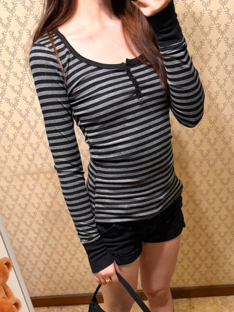 Hnewly  Black Striped Long Sleeve T-shirt Woman Autum O-neck Three Buttons Slim Tee Shirts Vintage Preppy Style Cotton Tshirts Y2k Tops