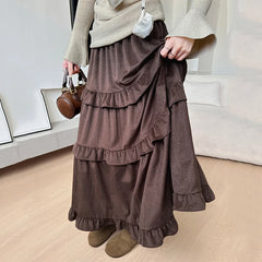 Hnewly  Vintage Ruffles Velvet Long Skirts Women Fashion Elastic High Waist A Line Cake Skirt Woman Autumn Winter Mid Length Skirts
