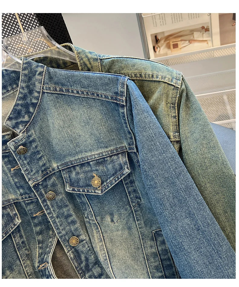 Hnewly  Fashion Denim Jacket Loose Casual Retro Jeans Short Coat Women's Spring Autumn Elegant Korean Standing Collar Long Sleeve Top