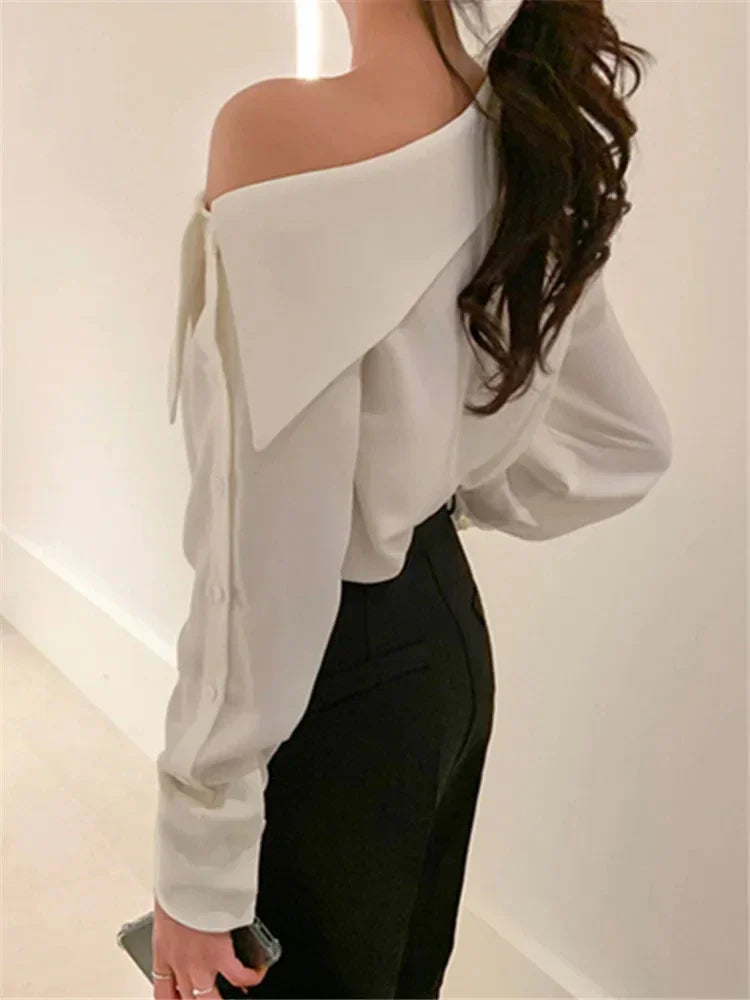 Hnewly FALL OUTFITS Elegant Women Sexy Korean One Black Top Spring Summer Leisure Versatile Women's Off The Shoulder Long Sleeved White Blouses