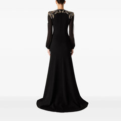 Lunivop  Black Jersey Evening Dress Crystal Long Sleeves Elegant Women's Long Dresses V-Neck Floor Length Evening Gowns