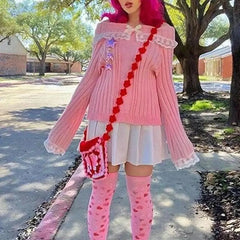 Hnewly WINTER OUTFITS Grunge Women Off Shoulder Knit Sweater Pink Pullover Sweet Pullovers  Long Sleeve Bow Lace Patchwork Jumpers Y2k Streetwear