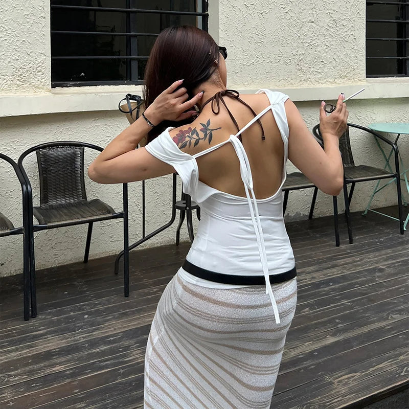Hnewly Y2K Sexy Backless Crop Top Women Casual Summer Tops Short Sleeve V Neck Streetwear Slim Pullovers Off The Shoulder Tee Shirt