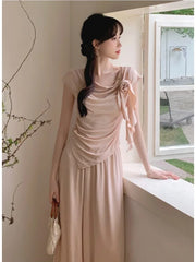 Hnewly Summer New Flowers Korean Fashion Irregular T-Shirt Top Women's French Elegant Pastoral Casual Long Skirt Two Piece Set