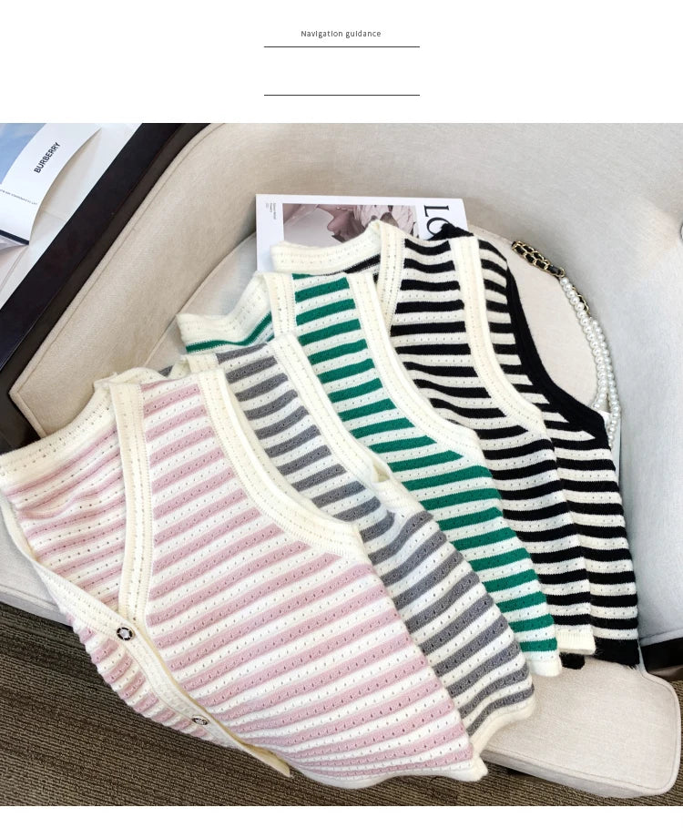 Hnewly  Spring V-Neck Striped Knitted Vest Korean Hollow Out Sleeveless Top Women's 2023 Autumn Loose All-Matched Outwear Cardigan Tank