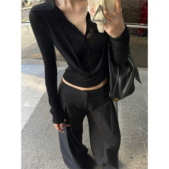 Hnewly  Y2k Fake Two Piece V-neck All-match Shirts Women See Through Mesh Black Blusas Mujer 2025 Spring New Bottoming T-shirts