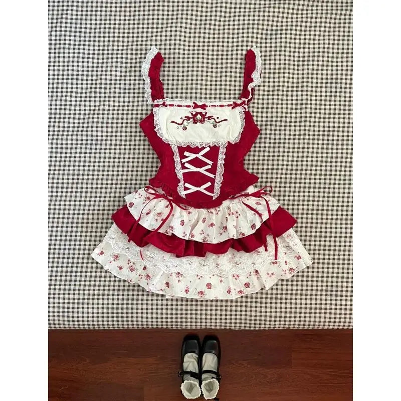 Hnewly  Vintage Slim Square Neck Print 2 Piece Set Women Sweet Cute Lace Bow Patchwork Tops Female + High Waist Short Skirt