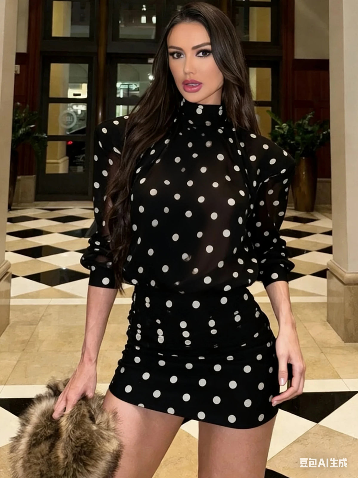 Hnewly  Turtleneck Backless Dress Women Classic Polka Dot Lace-Up Mesh Patchwork Ruched Peach Hip Elegant Office Mini Bodycon