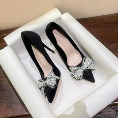 Hnewly New Fashion Bowknot Pointed Toe High Heels Pumps Women's Stiletto White Pearl Bridal Wedding Shoes Banquet Party Dress Shoes