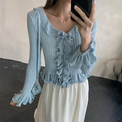 Hnewly  Women's Ruffled Sweater Long Sleeve Slim Fit Rib Knit Top Pullover Jumper Ladies Knitwear Autumn Winter Fairycore Outfit