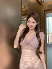 Hnewly  Woman Dress Sleeveless Flowers V Neck Slim Temperament V Neck Slim Party Mini Dresses Clubwear Female Sexy Casual