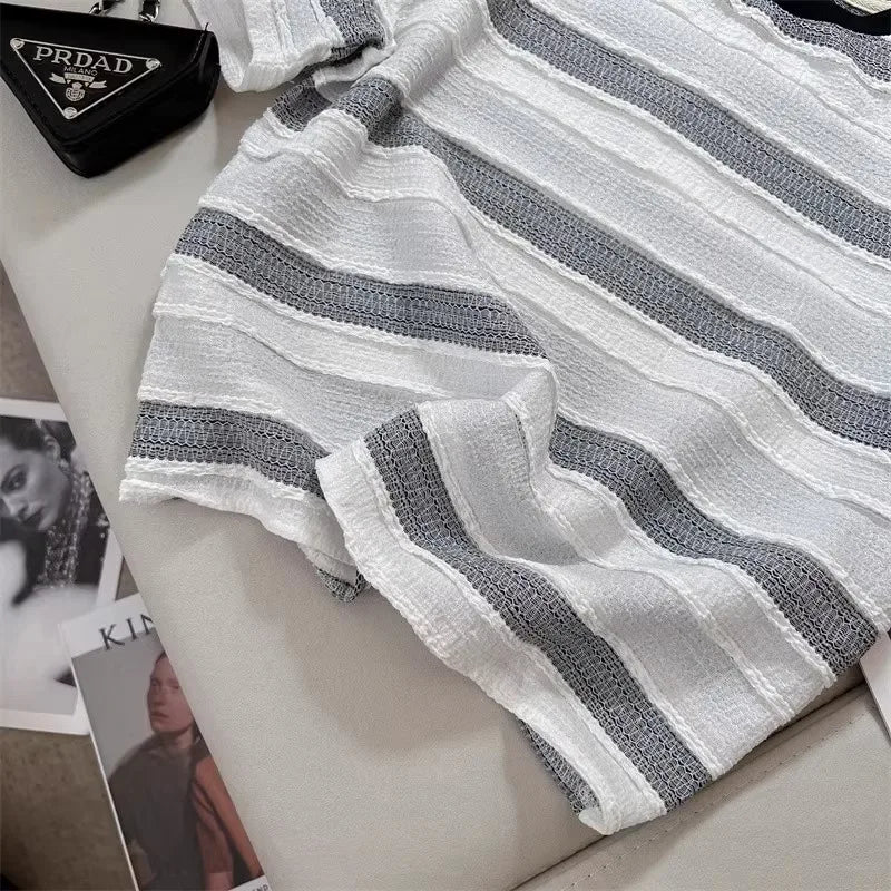 Hnewly  Pink Striped T-shirt Women's Sweet Dopamine  Korean Style Short Top Classic Round Neck Versatile Short Sleeved Tee