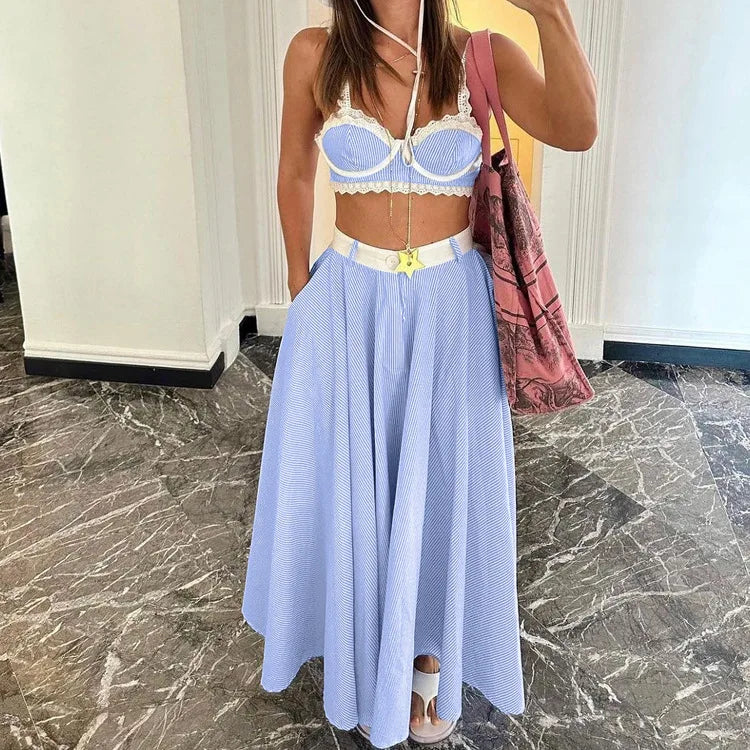 Hnewly   Lace Patchwork Camisole Vest + A-line Skirt Hot Girl Set Women's High Waist Skirt Bras Sweet Blue Beach Summer Two-piece Set