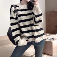 Hnewly  Striped Crew Neck Sweater Women Pullovers Long Sleeve Crewneck Knitted Jumper Ladies Fall Winter Casual Outfit