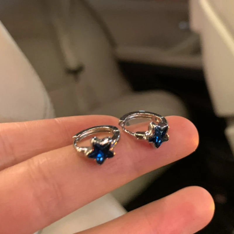 Hnewly 1Pair Y2K Trendy Cute Sweet Blue Star Hoop Earrings For Women Girls Simple New Fashion Vintage Earrings Aesthetic Jewelry Gift