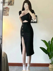 Hnewly Black Dress Women Irregular Slit Hotsweet Summer Hollow Out Elegant Bodycon Party Fashion Streetwear Daily All-match Vacation