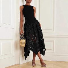 Lunivop  Women Embroidery Patchwork Solid Gowns Dress Sexy Elegant O-neck Sleeveless Slim Party Dress Fashion Backless Zipper Long Dress