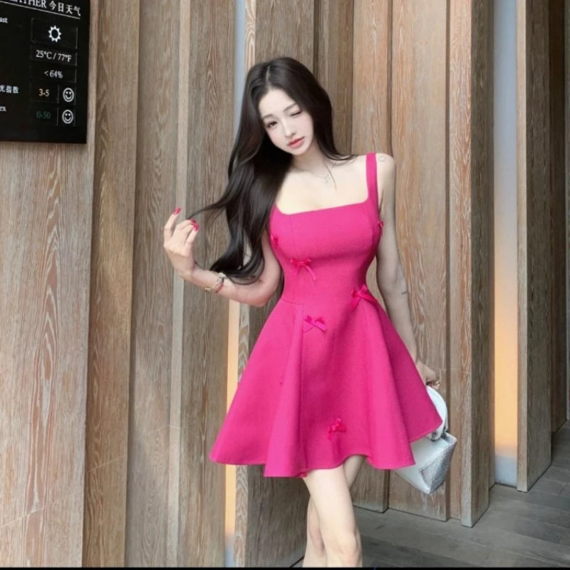 Hnewly  Woman Dress Sleeveless Bow Square Collar Summer Fashion Elegant Backless Vintage Sexy Mini Dresses Party Female