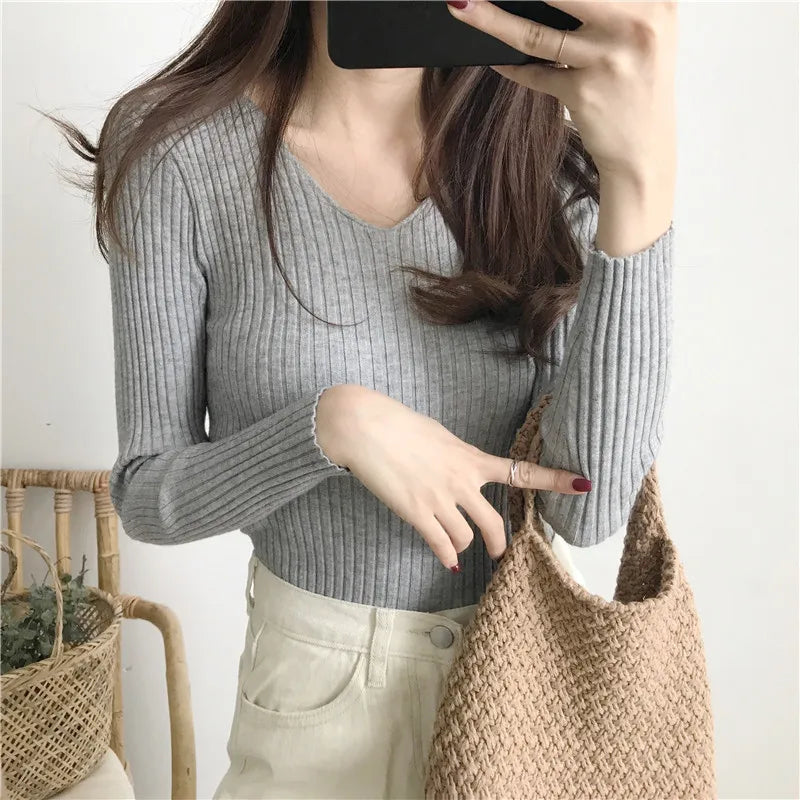 Hnewly  Rib-knit Long Sleeve Top for Women Soft Stretchy V-neck Fitted Knit Top Sweater Pullover Ladies Autumn Winter Layering Outfit