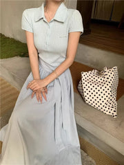 Hnewly  Blue Polo Neck Short Sleeve Long Dress Women's Summer Slim Fit Design Waist Cinching Skirt A-Line Gown Casual Elegant Style