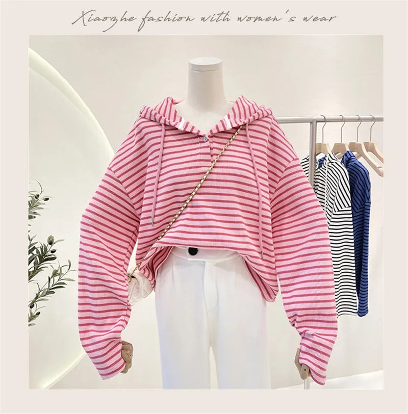 Hnewly  New Striped Hoodie Sweatshirt Women's Spring Autumn 2025 Fashion Preppy Style Retro Long Sleeve Top Loose Pullover Jacket