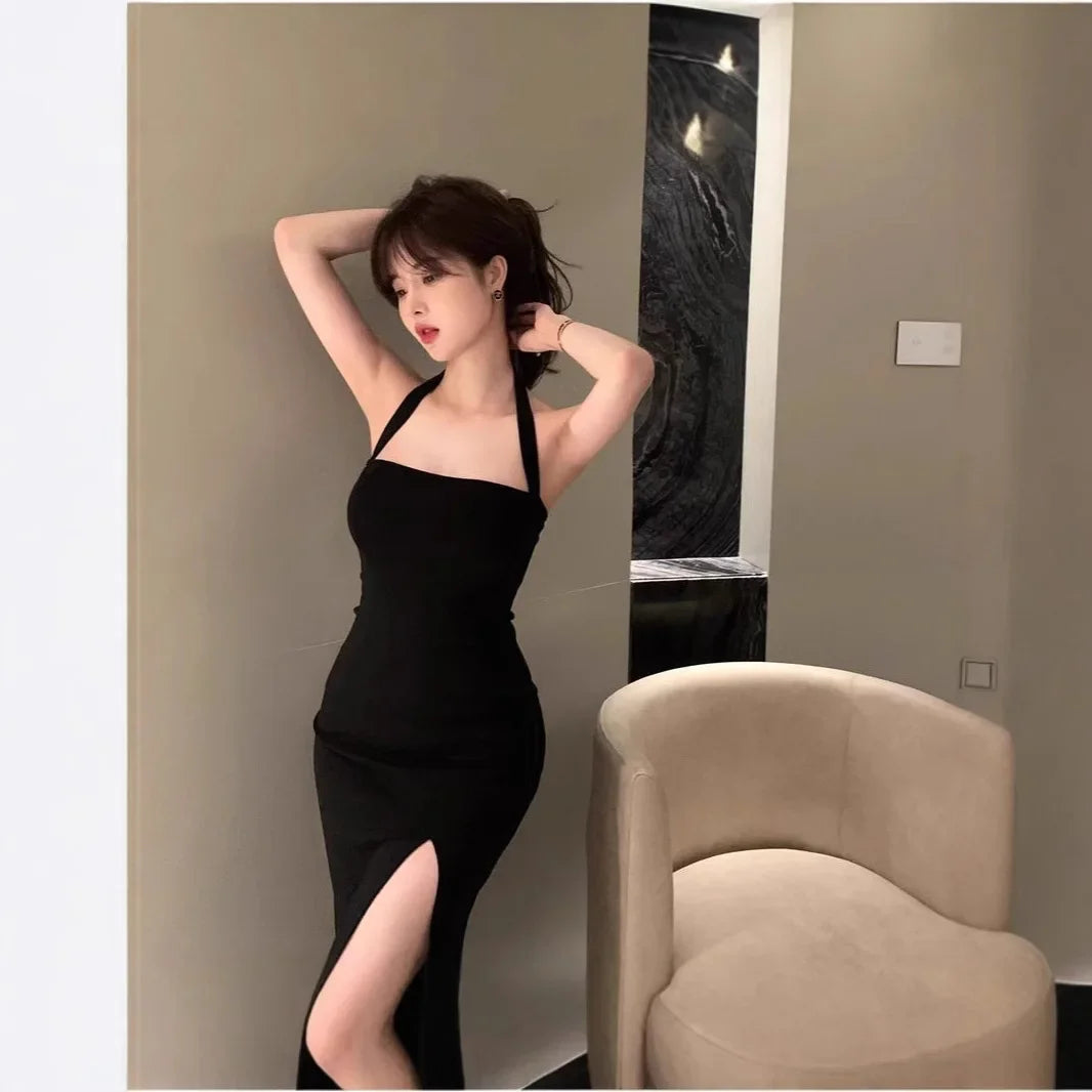 Split Dress Women's Summer New Black Halter Top Dress