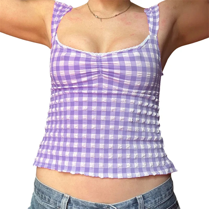 Hnewly y2k Tops for Women Summer Fairycore Clothing Plaid Print Lace Trim Sleeveless Tanks T Shirts 2000s Clothing Streetwear