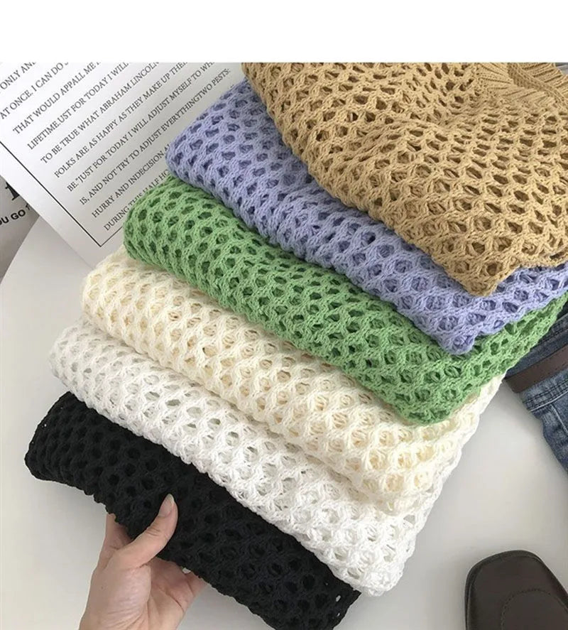 Hnewly Hollow Sun Protection Shirt Women's Summer Loose Pullover O-Neck Puff Long Sleeve Air Conditioning Knitwear Korean Retro Top