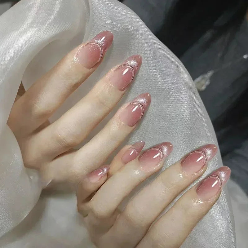 Hnewly 24pcs/Box Long Coffin False Nails Art Rose with Glue Wearable Nude Pink White Color Jelly Nails Tips Full Cover Press On Nails