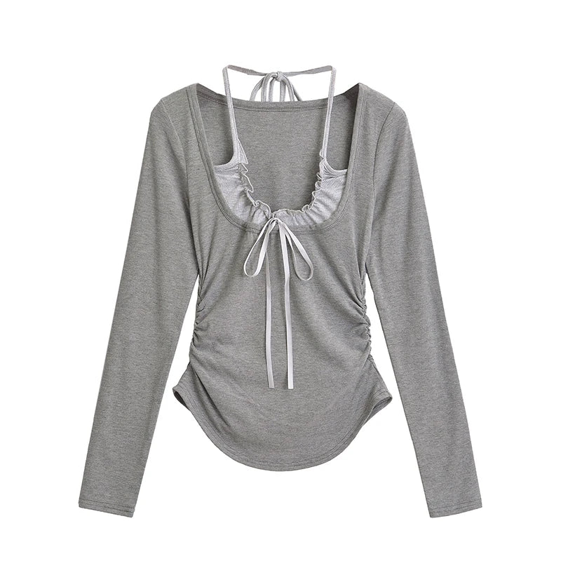 Hnewly  Sexy long sleeve crop top korean fashion kawaii clothes halter top cropped ruched t shirts women y2k crop top pink bowknot