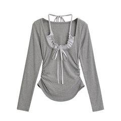 Hnewly  Sexy long sleeve crop top korean fashion kawaii clothes halter top cropped ruched t shirts women y2k crop top pink bowknot