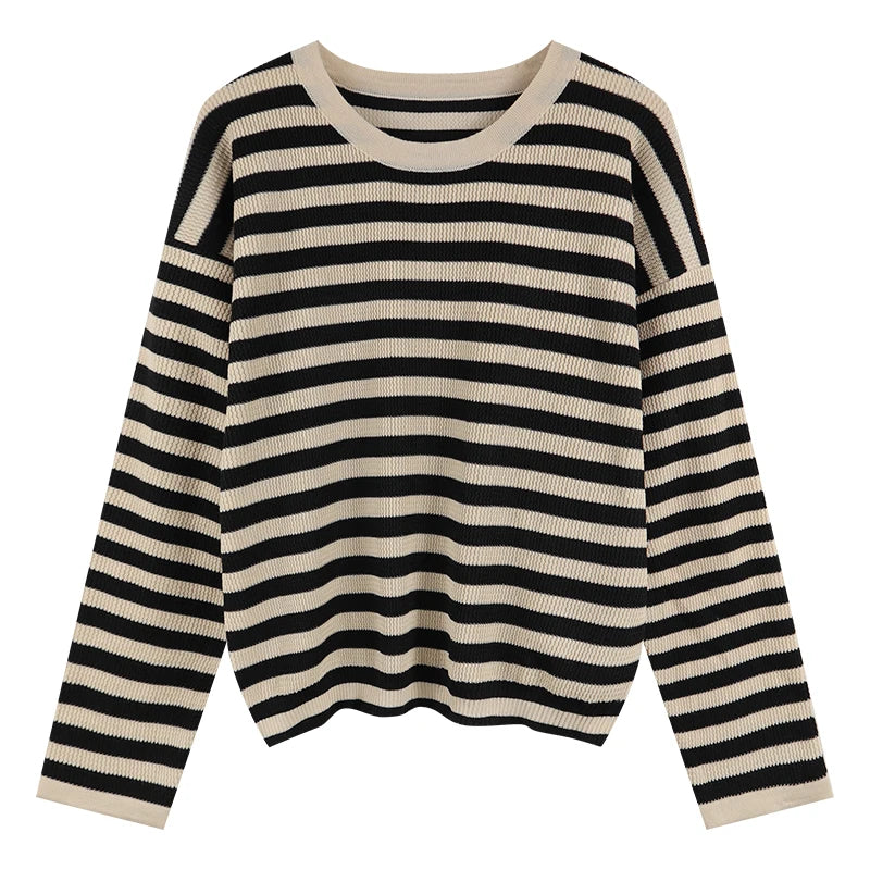 Hnewly  Women's Striped T-shirt Basic Tops Spring Autumn Fashion Color Contrast Loose O-neck Long Sleeve knitting Sweater