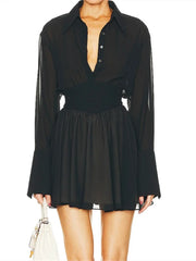 Hnewly  Women Elegant Shirt Dress Mesh Sheer Long Sleeve Turn-Down Collar Pleated A-line Mini Dress Autumn Vintage Sexy Clothes