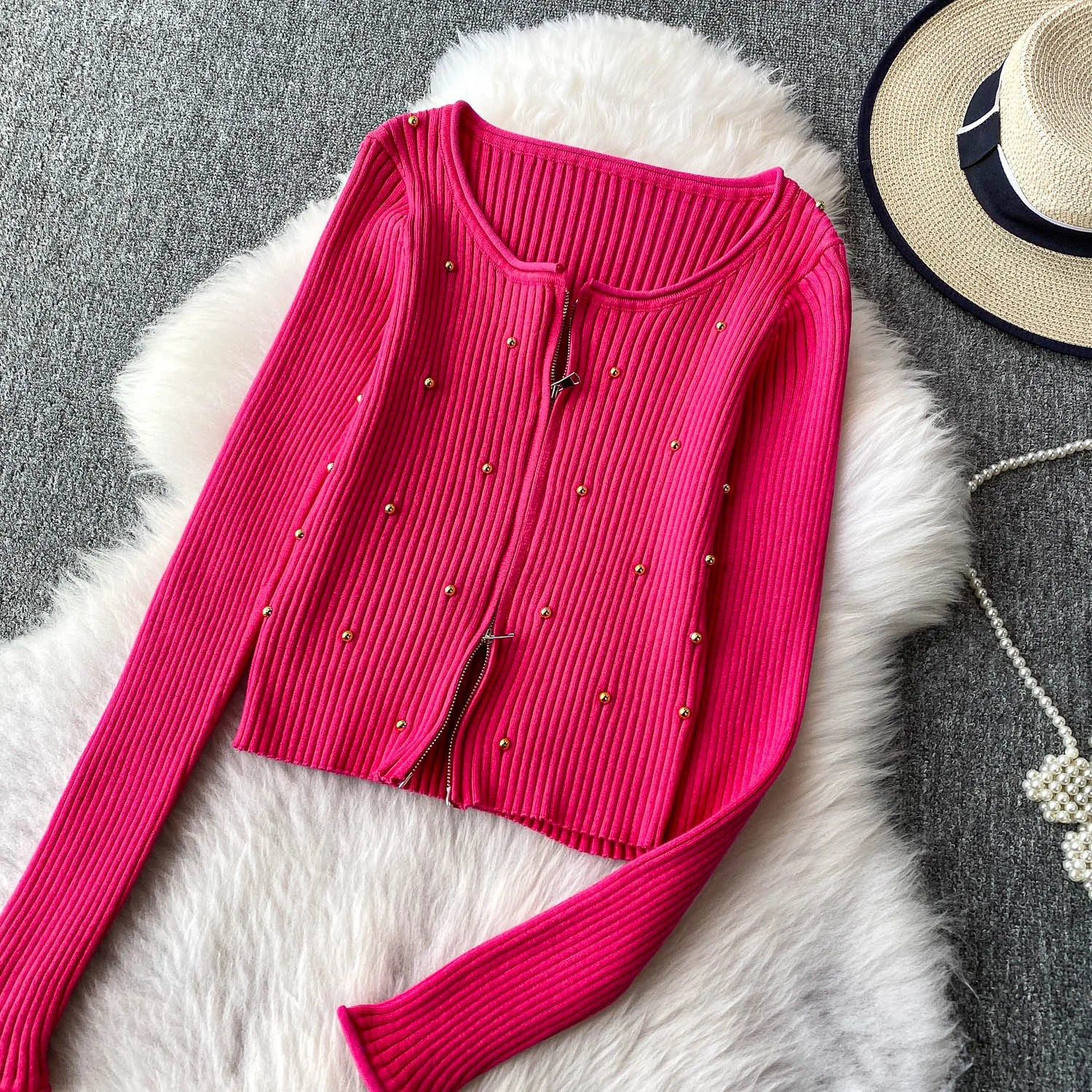 Hnewly  Beading Knitted Striped Zippered Sweater Cardigan Women's Spring Autumn O-Neck Top New Loose Harajuku Long Sleeved Outwear