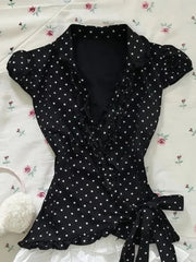 Lunivop  Vintage Y2K Sweet 2 Piece Set Women Slim Fit Polka Dot Lapel Waist Cinched Top + White Lace Trim Mini Skirt Fashion Chic Outfit