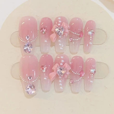 Hnewly 10Pcs Handmade  French Nails Set Press On  Flower Diamond Decoration Fake Nails Full Cover Removable Manicuree  XS S M L Size