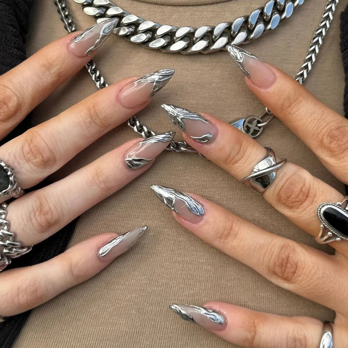 Hnewly 24Pcs French Almond False Nails Glitter with Rhinestones Wearable Fake Nails Artificial Simple Full Cover Press on Nails Tips