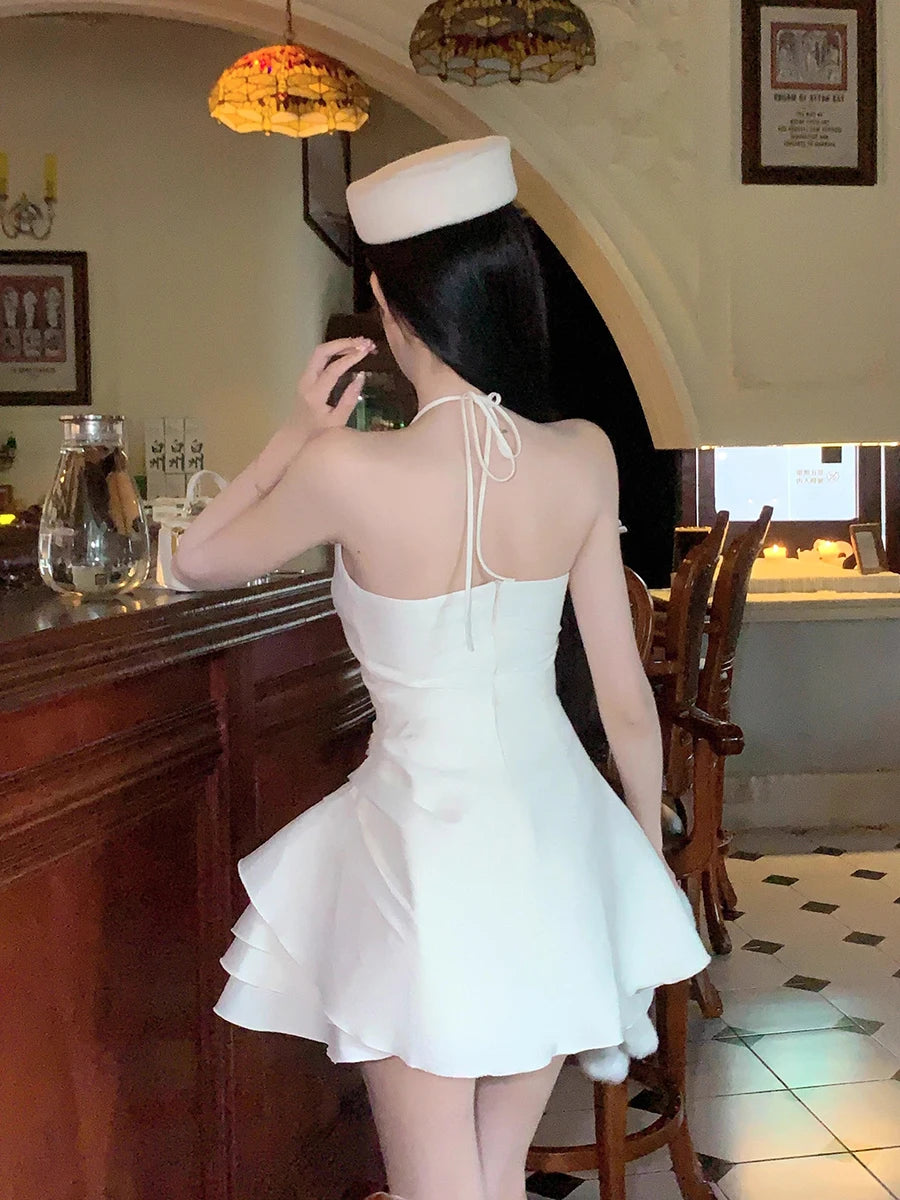 Hnewly Romantic Ruffle Puffy Mini Dress Women Textured Solid Shirring Strappy Open Back Halter One-piece Prom Party Clothes