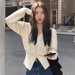 Hnewly  Women's Petite V-Neck Cardigan Soft Button Front Cropped Sweater Jacket Fall Winter 2025 Elegant Chic Outfit
