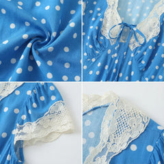 Hnewly  Women Retro French Style Blue Polka Dot Spliced Lace Bow V neck Short Sleeve Dress Summer Maxi Long Dresses Robe Femme Vestidos