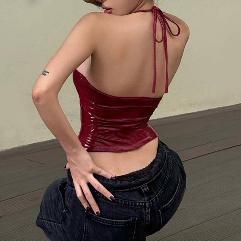 Hnewly Christmas Solid Metal Button Women’s Halter Tops Sleeveless Pu Leather Punk Baddie Slim Women Blouses Streetwear Clothing