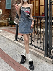 Hnewly  Slimming Design Denim Overalls Short Skirt Women's Summer plus Size Belly in to Thin Dress College Style Sleeveless A-Line Skirt