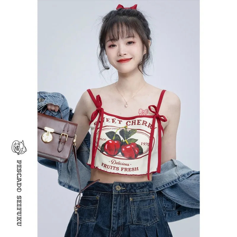 Hnewly  Cherry Print Camisole Vest for Women Y2k Fashion Sexy Slim Fit Crop Top T-shirts 2025 Summer New Strapless Tops Mujer