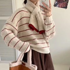 Hnewly  Women's Striped Sweater with Scarf Chunky Knit Loose-fit V-Neck Pullover Striped Jumper Ladies Autumn Winter Classic Chic Outfit