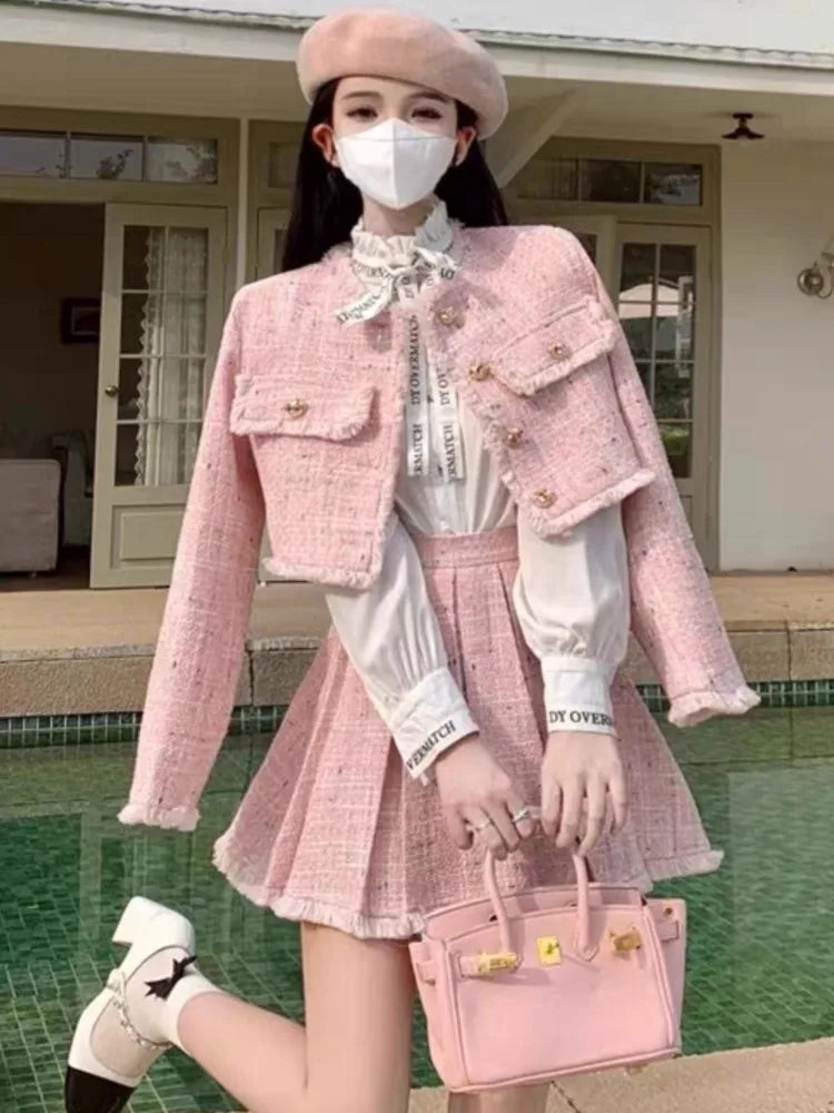 Hnewly Autumn New Tweed Short Jacket Coat and Mini Skirt Two Piece Set for Women Outfits Vintage Tassel High Waist Pletaed Skirt Suits