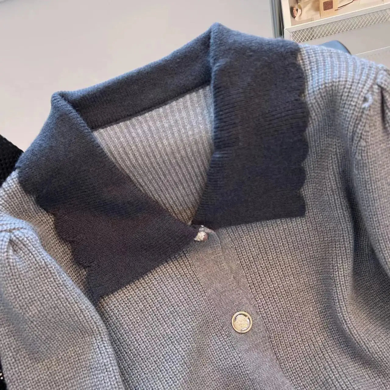 Hnewly  Women's Spring Autumn Sweater New Elegant Grey Lapel Long Sleeve Single Breasted Slim Fashion All-Match Short Coat
