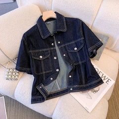 Hnewly  Deep Blue Short Sleeve Denim Jacket For Women Spring/Summer Lapel  Single Breasted Korean Loose All-Match Short Casual Top