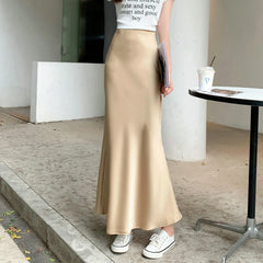 Hnewly  Ladies' Temperament French Style Fashion Dress Casual Solid High-waist Thin Glossy Silky Medium-length Fishtail Half-body Skirt